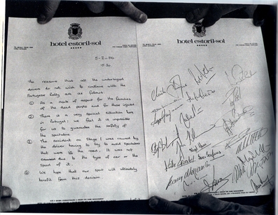 20º Rallye de Portugal Vinho do Porto 1986
Documento histórico escrito el 05-03-86 a las 15:30, del porque los pilotos abandonaron el 20º Rallye de Portugal Vinho do Porto 1986. Firmado por todos los que así­ lo creyeron conveniente y comunicado a la prensa por Henri Toivonen.

Las razones por las que todos los conductores no desean continuar con el rally portugués son las siguientes:

1- Como muestra de respeto a las familias de los muertos y por la inseguridad.

2 - No es una situación muy especial aquí­ en Portugal, creemos que es imposible para nosotros garantizar la seguridad de los espectadores.

3- El accidente en el escenario es causado porque el conductor tenga que tratar de evitar los espectadores que se encontraban en el camino. No fue debido al tipo de vehículo o la velocidad del mismo.

4- Esperamos que nuestro deporte en última instancia, se beneficiara de esta decisión.

Todos los equipos 