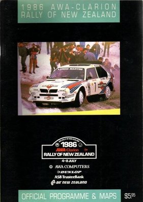 16º AWA Clarion Rally de Nueva Zelanda 1986
Del 5 al 8 de Julio, Auckland, Nueva Zelanda.
Superficie: tierra.

El Rally tenia un total de 1980.00 km de los que 597.76 km divididos en 35 tramos, eran especiales, (una de ellas fue cancelada SS26 Kawerau Forest de 26.73 Km).

Se inscribieron 55 equipos, tomaron la salida 52, finalizaron 40.
Palabras clave: Nueva_Zelanda;Programas;Detalles;Grupo_B;1986;Nueva_Zelanda