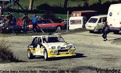 Carlos Sainz Cenamor - Antonio Boto
3º Rally Shalymar / Valeo 1986
(Cto. de España Rallyes de Asfalto)

1º Carlos Sainz - Antonio Boto
Renault 5 MaxiTurbo (VA-4650-M)
2:35.03

2º Salvador Servià - Jordi Sabater
Lancia Rally 037 (2M 6667 P)
2:36.14

3º Beny Fernández - José López Orozco
Opel Manta 400
2:38.52.

Del 15 al 16 de Noviembre, Madrid, España.
Superficie: asfal

El Rally constaba de 21 tramos cronometrados, desconocemos cuantos kilómetros totales.

Se inscribieron un mínimo de 63 equipos, finalizaron un mínimo de 48.
@
Palabras clave: ;Renault;Maxiturbo;Valeo;Madrid;1986;Grupo_B