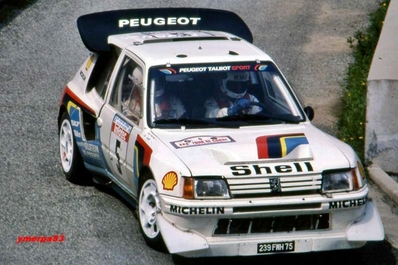 Bruno Saby - Jean François Fauchille
30º Tour de Corse 1986. Peugeot 205 T16 E2 (239 FWH 75), de Bruno Saby - Jean François Fauchille, clasificado 1º, después de que el Equipo Lancia al completo abandonara la prueba a causa del accidente mortal de Henri Toivonen y Sergio Cresto, cuando éstos iban en primera posición con más de 2 minutos de ventaja sobre el mismo Bruno Saby - Jean François Fauchille.

Del 1 al 3 de Mayo, Ajaccio, Córcega, Francia.
Superficie: asfalto.
El Rally tenia un total de 1551.00 km de los que 1122.34 km divididos en 30 tramos eran especiales. (4 de ellos fueron cancelados. SS12 Figarella - Cardo de 15.75 Km, SS18 Corte - Taverna de 26.84 Km, SS19 Moltifao - Speloncato de 38.16 Km y SS20 Corbara - Calenzana de 23.69 Km. Los 3 últimos por el fatal accidente de Henri y Sergio).
Tomaron la salida 122 equipos, finalizaron 31.

En esta edición habí­an 5 tramos de 50 o mas Km cronometrados, SS7 Cozzano - Col de la Serra de 50.84, SS8 Muracciole - Abbazia de 50.00, SS10 Pont d'Altiani - Pont St Laurent de 56.01, SS14 Prunelli - San Pancrazio de 55.67 y SS17 Campe Militaire - Corte de 58.14. Uno de mas de 70 km, SS23 Saint Roch - Suaricchio de 78.19, y otro, el último, SS30 Liamone - Suaricchio de 83.16 Km.

Aquí dejo los kilómetros de cada uno de los 30 tramos del Rally:

1ª ETAPA (01-Mayo-1986)
SS1 Verghia - Pont de la Masina de 38.09 km
SS2 Sainte Marie Sicche - Moca 1 de 23.96 km
SS3 Petreto - Aullene 1 de 20.03 km
SS4 Zerubia - Santa Giulia de 30.60 km
SS5 Sartene - Zonza de 44.23 km
SS6 Aullene - Zicavo de 25.59 km
SS7 Cozzano - Col de la Serra de 50.84 km
SS8 Muracciole - Abbazia de 50.00 km
SS9 Campo al Quarcio - Ponte de Noceta de 33.77 km
SS10 Pont d'Altiani - Pont St Laurent de 56.01 km
SS11 Ponte Rosso - Borgo de 42.29 km

TOTAL ETAPA 415.41 km

2ª ETAPA (02 Mayo-1986)
SS12 Figarella - Cardo (cancelado) de 15.75 km
SS13 Saint Florent - Col de San Stefano de 26.81 km
SS14 Prunelli - San Pancrazio de 55.67 km
SS15 Folelli - Santa Lucia di Moriani de 18.49 km
SS16 Moriani Plage - Orsoni de 20.10 km
SS17 Campe Militaire Corte de 58.14 km
SS18 Corte - Taverna (cancelado) de 26.84 km
SS19 Moltifao - Speloncato (cancelado) de 38.16 km
SS20 Corbara - Calenzana (cancelado) de 23.69 km

TOTAL ETAPA 283.65 km

3ª ETAPA (03-Mayo-1986)
SS21 Norte Dame de la Serra - Pont du Fango de 28.77 km
SS22 Fango - Ota de 48.59 km
SS23 Saint Roch - Suaricchio de 78.19 km
SS24 Tavera - Pont de Mezzana de 30.57 km
SS25 Sainte Marie Sicche - Moca 2 de 23.96 km
SS26 Petreto - Aullene 2 de 20.03 km
SS27 Sorbollano - Santa Giulia de 35.59 km
SS28 Calvese - Agosta Plage de 38.69 km
SS29 Plaine de Peri - Capiglioli de 35.73 km
SS30 Liamone - Suaricchio 83.16 km

TOTAL ETAPA 423.28 km.
SUMANDO LAS TRES ETAPAS, ESTAMOS HABLANDO DE 1122.34 KM CRONOMETRADOS... UNA SALVAJADA...@
Palabras clave: ;Peugeot;Turbo;Corcega;grupo_B;1986;Corse