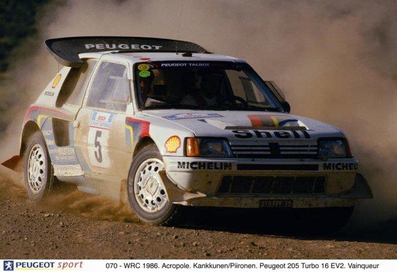 Juha Kankkunen - Juha Piironen
33º Acropolis Rally 1986. Peugeot 205 Turbo 16 E2 (319 FPF 75). Clasificado 1º.

Del 2 al 4 de Junio, Atenas, Grecia.
Superficie: tierra.

El Rally tení­a un total de 1890.00 km de los que 572.13 km divididos en 46 tramos eran especiales (8 de ellas fueron cancelados SS8, SS9, SS10, SS14, SS16, SS21, SS36 y SS45)

Tomaron la salida 101 equipos, finalizaron 34.@
Palabras clave: ;Juha_Piironen;Peugeot;Turbo;Grupo_B;Grecia;1986;Acropolis
