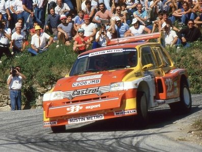 Didier Auriol - Bernard Occelli
38º Rallye International du Mont-Blanc 1986. Austin MG Metro 6R4 (C206 JMB). Clasificado 1º.

Del 4 al 7 de Septiembre, Annecy-le-Vieux, La Clusaz, Francia.
Superficie: asfalto.

El Rallye constaba de 2 etapas con 311.47 km cronometrados divididos en 15 tramos especiales.

Tomaron la salida 152 equipos, finalizaron 87.@
Palabras clave: Didier_Auriol;Austin;Metro;MG;Grupo_B;Mont_Blanc;1986