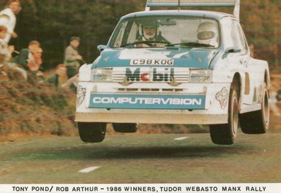 Anthony (Tony) Pond - Rob Arthur
24º Tudor Webasto Manx International Rally 1986. MG Metro 6R4 (C98 KOG). Clasificado 1º.

Del 11 al 13 de Septiembre, Douglas, Isla de Man.
Superficie: asfalto.

El Rally tenia un total de 412.85 km cronometrados divididos en 30 tramos especiales (2 de ellos fueron cancelados SS13 Glen Roy de 7.43 km y SS25 West Baldwin de 17.28km)
.
Tomaron la salida 112 equipos, finalizaron 55.@
Palabras clave: MG;Metro;Grupo_B;Manx_International;1986;