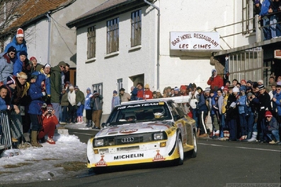 Hannu Mikkola - Arne Hertz
54º Rallye Automobile de Monte-Carlo 1986. Audi Sport Quattro S1 E2 (IN-NW 4). Clasificado 3º.

Del 18 al 24 de Enero, Monte-Carlo.
Superficie: asfalto - nieve.

El Rally tenía un total de 3984.00 km de los que 881.20 km divididos en 36 tramos eran especiales.

Tomaron la salida 156 equipos, finalizaron 65.@
Palabras clave: ;Audi;Sport;Quattro;E2;S1;Montecarlo;1986;grupo_B