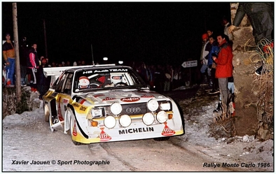Walter Röhrl - Christian Geistdörfer
54º Rallye Automobile de Monte-Carlo 1986. Audi Sport Quattro S1 E2 (IN-NL 23).  Clasificado 4º.

Del 18 al 24 de Enero, Monte-Carlo.
Superficie: asfalto - nieve.

El Rally tenía un total de 3984.00 km de los que 881.20 km divididos en 36 tramos eran especiales.

Tomaron la salida 156 equipos, finalizaron 65.

© Xavier Jaouen.
@
Palabras clave: Audi;Grupo_B;Quattro;Walter_Röhrl;Montecarlo;1986