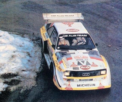 Walter Röhrl - Christian Geistdörfer
54º Rallye Automobile de Monte-Carlo 1986. Audi Sport Quattro S1 E2 (IN-NL 23). Clasificado 4º.

Del 18 al 24 de Enero, Monte-Carlo.
Superficie: asfalto - nieve.

El Rally tenía un total de 3984.00 km de los que 881.20 km divididos en 36 tramos eran especiales.

Tomaron la salida 156 equipos, finalizaron 65.@
Palabras clave: Audi;Quattro;Walter_Röhrl;Grupo_B;Sport;Montecarlo;1986