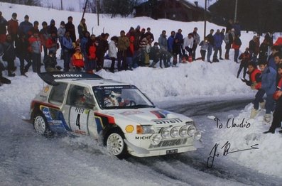 Juha Kankkunen - Juha Piironen
54º Rallye Automobile de Monte-Carlo 1986. Peugeot 205 Turbo 16 E2 (25 FGV 75). Clasificado 5º.

Del 18 al 24 de Enero, Monte-Carlo.
Superficie: asfalto - nieve.

El Rally tenía un total de 3984.00 km de los que 881.20 km divididos en 36 tramos eran especiales.

Tomaron la salida 156 equipos, finalizaron 65.

© Claudio Cavion
@
Palabras clave: Juha_Kankkunen;Peugeot;Turbo;Grupo_B;Montecarlo;1986