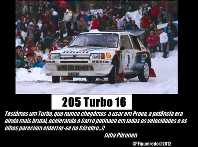 Bruno Saby - Jean-François Fauchille
54º Rallye Automobile de Monte-Carlo 1986. Peugeot 205 Turbo 16 E2 (26 FGV 75). Clasificado 6º.

Testamos un turbo que nunca hemos llegado ha utilizar en carrera, aún más brutal, acelerando el coche patinó en todas las velocidades y los ojos parecí­an enterrarse en el cerebro...!!
Palabras de Juha Piironen.

Del 18 al 24 de Enero, Monte-Carlo.
Superficie: asfalto - nieve.

El Rally tenía un total de 3984.00 km de los que 881.20 km divididos en 36 tramos eran especiales.

Tomaron la salida 156 equipos, finalizaron 65.@
Palabras clave: Peugeot;Turbo;Grupo_B;1986;Montecarlo;nieve;detalles