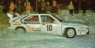 Jean-Claude Andruet - Annick Peuvergne
36º Internacional Suecia Rally 1986. Citröen BX4TC. Clasificado 6º.

Del 14 al 16 de Febrero, Karlstad, Suecia.
Superficie: nieve - hielo.

El Rally tenia un total de 1670.00 km de los que 556.79 km divididos en 30 tramos eran especiales.

Tomaron la salida 107 equipos, finalizaron 62.@
Palabras clave: ;Citroen;BX4TC;Suecia;1986;Grupo_B;nieve