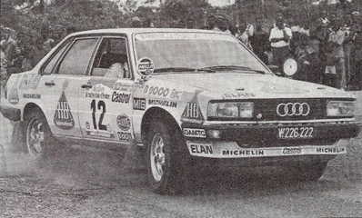 Rudolf (Rudi) Stohl - Reinhard Kaufmann
18º Rallye Cote d'Ivoire 1986. Audi 80 Quattro (W 226.222). Clasificado 7º.

Del 24 al 27 de Septiembre, Yamoussoukro, Costa de Marfil.
Superficie: tierra.

El Rally tenia un total de 3763 km con 73 controles horarios.

Tomaron la salida 49 equipos, finalizaron 11.
Palabras clave: Audi;Quattro;Costa_Marfil;1986
