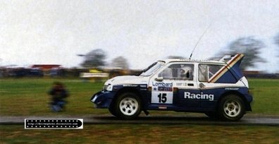 Jimmy McRae - Ian Grindrod
35º Lombard RAC Rally 1986. MG Metro 6R4 (C749 LFM). Clasificado 8º.

Del 16 al 19 de Noviembre, Bath, Inglaterra.
Superficie: Tierra.

El Rally un total de 2537.93 km de los que 515.04 km divididos en 45 tramos eran especiales.

Tomaron la salida 149 equipos, finalizaron 83.@
Palabras clave: Jimmy_McRae;Ian_Grindrod;MG;Metro;Gran_Bretaña;1986;grupo_B;Inglaterra