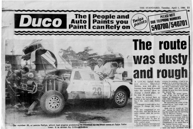 Greg Criticos - Marzio Kravos
34º Marlboro Safari Rally Kenya 1986. Lancia Rally 037 (KWD 497). Clasificado 9º.

Del 29 de Marzo al 2 de Abril, Nairobi, Kenya, África.
Superficie: tierra.

El Rally tenia un total de 4.190 km con 63 controles horarios.

Tomaron la salida 69 equipos, finalizaron 16.@
Palabras clave: Lancia;Rally;Grupo_B;Safari;1986