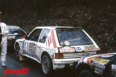 Paul Gardère - Jean-Louis Bufferne
54º Rallye Automobile de Monte-Carlo 1986. Peugeot 205 Turbo 16 (5173 TB 42). Clasificado 67º.

Del 18 al 24 de Enero, Monte-Carlo.
Superficie: asfalto - nieve.

El Rally tenía un total de 3984.00 km de los que 881.20 km divididos en 36 tramos eran especiales.

Tomaron la salida 156 equipos, finalizaron 65.@
Palabras clave: ;Peugeot;T16;Montecarlo;1986;Grupo_B