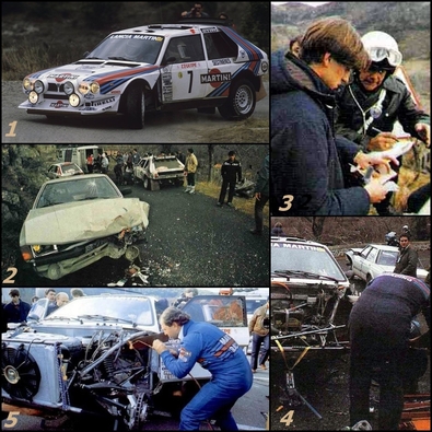 54º Rallye Automobile de Monte-Carlo 1986
Henri Toivonen y Sergio Cresto sufrieron un accidente durante un enlace de tramo con su Lancia Delta S4.

Chocaron de frente contra el coche de un aficionado en el Col de Moucheyre, entre Burzet y Antraigues, carretera estrecha y a la sombra.

Referente al coche contra el que chocó era un Ford Taunus. Según se dice, con ruedas lisas y tasa de alcohol del conductor... por las nubes.

FOTO 1
Podemos ver el Lancia Delta S4 ya reparado, aunque no en perfecto estado. Observar que le falta un trozo de guardabarro entre éste y la puerta. Fue una reparación in-situ en el sitio del golpe y lo justa para que Henri y Sergio siguieran en competición perdiendo el mínimo tiempo posible.

Según el mismo Henri Toivonen, una vez finalizada ésta reparación de urgencia, la dirección del S4 tiraba muchísimo hacia su izquierda, lo que hacía complicado -aún mas- su pilotaje.

FOTO 2
Se puede ver el estado en que quedó el coche del aficionado, (Ford Taunus), y detrás el Equipo Martini Lancia reparando el coche.

FOTO 3
Henri junto a un Gendarme durante lo que parece ser el proceso del papeleo para hacer el parte del accidente.

FOTO 4
Los mecánicos del Equipo Martini Lancia arreglando el Lancia. Aquí también podemos ver a un lado de la cuneta y por la parte trasera el coche contra el que chocaron, (Ford Taunus).

FOTO 5
Otro mecánico del Equipo Martini Lancia reparando el coche.

Henri y Sergio acabaron ganando el Rallye con 4' 04" de ventaja sobre Timo Salonen - Seppo Harjanne y su Peugeot 205 Turbo 16 E2.

El mismo Timo Salonen comentó sobre el ritmo endiablado que llevó Henri en éste Monte-Carlo
que:
"Seguir el ritmo de Henri Toivonen raya el suicidio"

Del 18 al 24 de Enero, Monte-Carlo.
Superficie: asfalto - nieve.

El Rally tenía un total de 3984.00 km de los que 881.20 km divididos en 36 tramos eran especiales.

Tomaron la salida 156 equipos, finalizaron 65.

Situación en Google Maps del lugar donde se produjo el choque: [/b][url=https://www.google.com/maps/@44.7372914,4.2930001,3a,75y,7.8h,70.62t/data=!3m6!1e1!3m4!1selMXdQK4Avj7P_jVRriQCA!2e0!7i13312!8i6656] [b][u]Google Maps.[/u][/b] [/url].
Palabras clave: Crash;Montecarlo;Henri_Toivonen;1986;Ford;Taunus
