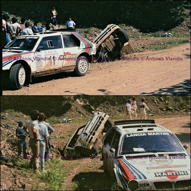 33º Acropolis Rally 1986
Ford RS200 (B200 AYD) de Stig Blomqvist - Bruno Berglund, abandonó por accidente en SS18 Arahova de 13.74 Km.

El Lancia Delta S4 (TO 77890E) es el de Mikael Ericsson - Claes Billstam, abandonó por la suspensión en el mismo tramo que Blomqvist.

Del 2 al 4 de Junio, Atenas, Grecia.
Superficie: tierra.

El Rally tení­a un total de 1890.00 km de los que 572.13 km divididos en 46 tramos eran especiales (8 de ellas fueron cancelados SS8, SS9, SS10, SS14, SS16, SS21, SS36 y SS45)

Tomaron la salida 101 equipos, finalizaron 34.

© Antonis Vlandis
@
Palabras clave: ;Lancia;Delta;Ford;RS200;Crash;Grupo_B;Acropolis;Grecia;1986
