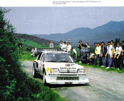 Michèle Mouton - Fabrizia Pons
30º Tour de Corse - Rallye de France 1986. Peugeot 205 Turbo 16 E2. Abandonó por la caja de cambios en SS9 Campo al Quercio - Ponte de Noceta de 33.63 Km.

Equipo Martini Lancia se retira de la prueba a causa del fatal accidente de Henri Toivonen y Sergio Cresto el di­a 02-05-1986.

Del 1 al 3 de Mayo, Ajaccio, Córcega, Francia.
Superficie: asfalto.

El Rally tenia un total de 1551.00 km de los que 1122.34 km divididos en 30 tramos eran especiales. (4 de ellos fueron cancelados. SS12 Figarella - Cardo de 15.75 Km, SS18 Corte - Taverna de 26.84 Km, SS19 Moltifao - Speloncato de 38.16 Km y SS20 Corbara - Calenzana de 23.69 Km. Los 3 últimos por el fatal accidente de Henri y Sergio).
Tomaron la salida 122 equipos, finalizaron 31.

En esta edición habí­an 5 tramos de 50 o mas Km cronometrados, SS7 Cozzano - Col de la Serra de 50.84, SS8 Muracciole - Abbazia de 50.00, SS10 Pont d'Altiani - Pont St Laurent de 56.01, SS14 Prunelli - San Pancrazio de 55.67 y SS17 Campe Militaire - Corte de 58.14. Uno de mas de 70 km, SS23 Saint Roch - Suaricchio de 78.19, y otro, el último, SS30 Liamone - Suaricchio de 83.16 Km.

Aquí dejo los kilómetros de cada uno de los 30 tramos del Rally:

1ª ETAPA (01-Mayo-1986)
SS1 Verghia - Pont de la Masina de 38.09 km
SS2 Sainte Marie Sicche - Moca 1 de 23.96 km
SS3 Petreto - Aullene 1 de 20.03 km
SS4 Zerubia - Santa Giulia de 30.60 km
SS5 Sartene - Zonza de 44.23 km
SS6 Aullene - Zicavo de 25.59 km
SS7 Cozzano - Col de la Serra de 50.84 km
SS8 Muracciole - Abbazia de 50.00 km
SS9 Campo al Quarcio - Ponte de Noceta de 33.77 km
SS10 Pont d'Altiani - Pont St Laurent de 56.01 km
SS11 Ponte Rosso - Borgo de 42.29 km

TOTAL ETAPA 415.41 km

2ª ETAPA (02 Mayo-1986)
SS12 Figarella - Cardo (cancelado) de 15.75 km
SS13 Saint Florent - Col de San Stefano de 26.81 km
SS14 Prunelli - San Pancrazio de 55.67 km
SS15 Folelli - Santa Lucia di Moriani de 18.49 km
SS16 Moriani Plage - Orsoni de 20.10 km
SS17 Campe Militaire Corte de 58.14 km
SS18 Corte - Taverna (cancelado) de 26.84 km
SS19 Moltifao - Speloncato (cancelado) de 38.16 km
SS20 Corbara - Calenzana (cancelado) de 23.69 km

TOTAL ETAPA 283.65 km

3ª ETAPA (03-Mayo-1986)
SS21 Norte Dame de la Serra - Pont du Fango de 28.77 km
SS22 Fango - Ota de 48.59 km
SS23 Saint Roch - Suaricchio de 78.19 km
SS24 Tavera - Pont de Mezzana de 30.57 km
SS25 Sainte Marie Sicche - Moca 2 de 23.96 km
SS26 Petreto - Aullene 2 de 20.03 km
SS27 Sorbollano - Santa Giulia de 35.59 km
SS28 Calvese - Agosta Plage de 38.69 km
SS29 Plaine de Peri - Capiglioli de 35.73 km
SS30 Liamone - Suaricchio 83.16 km

TOTAL ETAPA 423.28 km.
SUMANDO LAS TRES ETAPAS, ESTAMOS HABLANDO DE 1122.34 KM CRONOMETRADOS... UNA SALVAJADA...
@
Palabras clave: Michele_Mouton;Peugeot;Turbo;Corcega;Grupo_B;1986;Corse;Mujeres;Womens