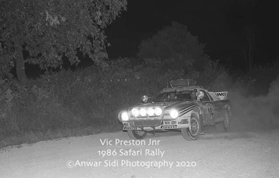 Vic Preston, Jr - John Lyall
34º Marlboro Safari Rally Kenya 1986. Lancia Rally 037 (TO W67779). Abandonó por accidente.

Del 29 de Marzo al 2 de Abril, Nairobi, Kenya, África.
Superficie: tierra.

El Rally tenia un total de 4.190 km con 63 controles horarios.

Tomaron la salida 69 equipos, finalizaron 16.

© Anwar Sidi.
@
Palabras clave: Vic_Preston;Lancia;Rally;Grupo_B;Safari;1986
