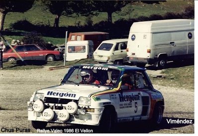 Jesus "Chus" Puras - Tomás Aguado
3º Rally Valeo 1986. Renault 5 Turbon (S-4997-M). Abandonó por problemas eléctricos.

Del 15 al 16 de Noviembre, Madrid, España.
Superficie: asfalto.

El Rally constaba de 21 tramos cronometrados, desconocemos cuantos kilómetros totales.

Se inscribieron un mínimo de 63 equipos, finalizaron un mínimo de 48.@
Palabras clave: Jesus_Chus_Puras;Tomà¡s_Aguado;Renault;Turbo;Valeo;Madrid;Grupo_B