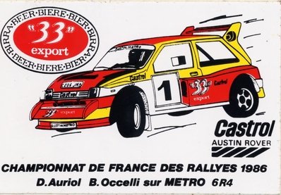 Austin Rover MG Metro 6R4
(Propaganda de la época 1986)
El coche de Didier Auriol - Bernard Occelli con el que compitieron en el Campeonato Francés de Rallyes y en alguna prueba del Mundial.@
Palabras clave: Dibujos;Metro;MG;Austin;Rover;1985