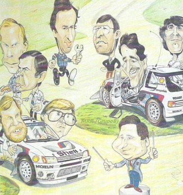 Equipo Peugeot Talbot Sport
Caricatura del Equipo, con Jean Todt dirigiéndolo todo batuta en mano.
Se pueden ver los pilotos del Equipo, Timo Salonen, Seppo Harjanne, Bruno Saby y Jean-François Fauchille.

Todos los demà¡s... perdonen mi ignorancia, no se quien son.

Si alguien nos puede ayudar que no lo dude !!! 
GRACIAS !!!
Palabras clave: Peugeot;Dibujos;Mundo_Rally_Retro;Grupo_B;1985