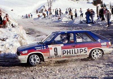 François Chatriot - Michel Périn
55º Rallye Automobile de Monte-Carlo 1987. Renault 11 Turbo (9717 YF 91). Clasificado 8º.

Del 17 al 22 de Enero, Monte Carlo.
Superficie: asfalto - nieve.

El Rally tenia un total de 3162.00 km de los que 593.45 km divididos en 26 tramos eran especiales (1 de ellos fue cancelado SS3 Les Egats - St. Luce de 13.50 Km).

Se inscribieron 163 equipos, tomaron la salida 160, finalizaron 93.@
Palabras clave: ;Renault;Turbo;Montecarlo;1987;nieve