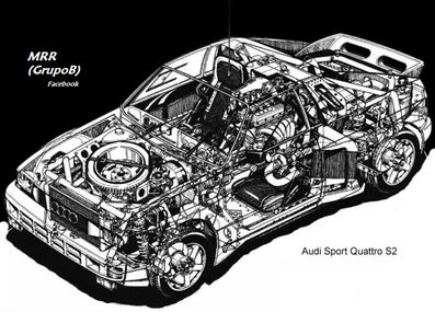 Audi Sport Quattro S2
En los 80 la colaboración entre Audi y Porsche era muy estrecha, ya que Ferdinand Piech nieto de Ferdinand Porsche, era el presidente de Audi y a la vez miembro de la familia propietaria de Porsche.
De ese modo no es extraño que gente de Porsche colaborase en la creacion, (que no en el desarrollo, y ahora me explico) del Audi motor central.

El coche no tuvo ningun tipo de desarrollo por que solo fue probado dos veces de manera breve y en absoluto secreto. Tan secreto era el proyecto que ni el propio Piech lo tenia muy claro y pensaba que solo se estaba trabajando en un prototipo, cuando en realidad se estaban construyendo 4 al mismo tiempo, (1 S2 y 3 RS002), y en lugares distintos.
Esto era así­ por que VW que era la mayor accionista de Audi, estaba pensando en cortar el grifo a Audi Sport por que los éxitos no llegaban y habí­a dado la orden de gastar solo en el desarrollo del S1 E2.

Tan secreta era la cosa que ni los pilotos oficiales tení­an conocimiento de la existencia del coche y fue un piloto de desarrollo del coches de calle el que probo en Desna el prototipo.

Fue una prueba simplemente para saber que todo estaba en su sitio y que el coche funcionaba correctamente. Una vez hecho esto se aviso a Rohrl de que tenia que hacer unas pruebas. Se busco una fecha en la que el piloto estuviese libre y para no tener que dar explicaciones del paradero de Rohrl se decidio hacer la prueba en Austria, lo mas cerca posible de Alemania, en unas pistas forestales cerca de Salzburgo.
Ese dí­a aun de noche salieron dos camiones de Audi en dirección a Austria, pero al llegar al tramo se dieron cuenta que les habí­a seguido un coche con dos fotògrafos, así­ que dieron la vuelta y se fueron otra vez para Alemania sin bajar el coche del camión. Cruzaron la frontera y pararon los camiones y se aseguraron de que nadie los seguía.
Por la tarde se subieron otra vez a los camiones y muy cerca de allí en unos caminos de tierra de Baviera bajaron el coche y Rohrl pudo probarlo.
Hizo 180 km de Test y quedo convencido de que aquel coche era el arma definitiva para luchar de tu a tu con Peugeot y Lancia, de un plumazo se habí­an solucionado tanto los problemas de subviraje en curva lenta, como el comportamiento nervioso en zonas rápidas del S1 E2.

Pocos dí­as después sin saber como, ni quien las hizo, aparecieron fotos en un periódico Austriaco del coche. Tanto en la prueba de Desna como en la de Baviera... y todo se fue al garete.

Los de VW llamaron a Piech y lo pusieron fino, y éste se presento en los talleres de Audi Sport y descubrió que habí­a dos unidades mas diferentes con motor central a parte del que descubrió gracias a las fotos publicadas.
El cabreo fue tal que mando destruir todas ellas en ese mismo instante y en su presencia. Hizo ir ha buscar una excavadora que estaba en el exterior de las instalaciones y ordenó que los aplastaran y posteriormente prensarlos.

Lo que no sabia Peich y por supuesto nadie se lo dijo, es que en Neckarsulm una planta de producción de Audi y en un almacén apartado estaba otra unidad del RS002 ya completamente terminada y con las fibras definitivas, y esa es la que esta en la actualidad expuesta en el museo Audi".

Palabras clave: Dibujos;Mundo_Rally_Retro;Audi;Quattro;Sport;Grupo_B;Grupo_S;1987