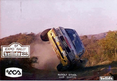 Rudolf (Rudi) Stohl - Ernst Rohringer
8º Marlboro Rally de Argentina 1988. Audi 90 Quattro (32517). Clasificado 4º.

Del 2 al 6 de Agosto, Buenos Aires, Córdoba, Argentina.
Superficie: tierra.

El Rally tenia un total de 2141.41 Km de los que 583.60 Km divididos en 29 tramos eran especiales.

Se inscribieron 81 equipos, tomaron la salida 81, finalizaron 21.@
Palabras clave: ;Audi;Quattro;Argentina;1988