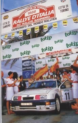 Carlos Sainz Cenamor - Luís Rodríguez Moya
30º Rallye Sanremo - Rallye d'Italia 1988. Ford Sierra RS Cosworth, (D373 TAR). Clasificado 5º.

Del 10 al 14 de Octubre, Sanremo, Liguria, Imperia, Italia.
Superficie: asfalto - tierra.

El Rally tenia un total de 2453.87 km de los que 564.96 Km divididos en 43 tramos eran especiales (4 de ellos fueron cancelados SS6 Superspeciale 2 de 2.18 Km, SS11 Tignai de 12.17 Km, SS13 Lanzo 2 de 6.38 Km y SS38 Angua 2 de 12.37 Km).

Se inscribieron 124 equipos, tomaron la salida 124, finalizaron 55.@
Palabras clave: ;Luis_Moya;Ford;Sierra;Cosworth;Sanremo;Italia;1988