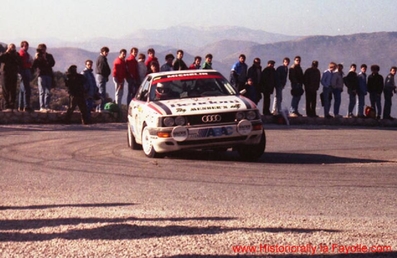 Paola De Martini - Umberta Gibellini
57º Rallye Automobile de Monte-Carlo 1989. Audi 90 Quattro (33640). Clasificada 9ª de la general y 1ª en copa de damas.

Del 21 al 26 de Enero, Monte-Carlo.
Superficie: asfalto - nieve.

El Rally tenia un total de 2872.82 km, de los que 613.25 km, divididos en 24 tramos, eran especiales.

Tomaron la salida 172 equipos, finalizaron 83.@
Palabras clave: ;Audi;Quattro;Montecarlo;1989