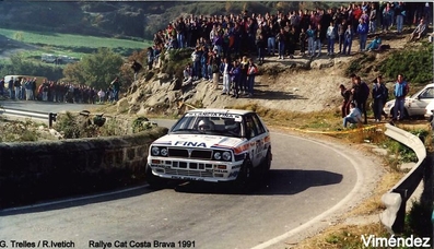 Gustavo Trelles - Daniel Muzio
27º Rallye Catalunya - Costa Brava - Rallye de España 1991. Lancia Delta Integrale 16V (TO 44774R). Abandonó por el embrague en SS32 La Creu de Lloret de 11.00 km.
Jolly Club

Del 10 al 13 de Noviembre, Lloret de Mar, Girona, Catalunya, España.
Superficie: asfalto - tierra.

El Rally tenia un total de 1606.98 km de los que 594.01 km divididos en 35 tramos eran especiales, (2 de ellas fueron canceladas SS4 Sant Hilari - Osor de 13.57 Km y SS29 Riera de Merles de 14.36 Km).

Tomaron la salida 76 equipos, finalizaron 33.@
Palabras clave: Lancia;Delta;Integrale;Catalunya;1991;España;Spain