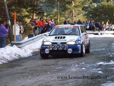 François Chatriot - Michel Périn
60º Rallye Automobile de Monte-Carlo 1992. Nissan Sunny GTI-R (J1 NME) Clasificado 7º.

Del 23 al 29 de Enero, Monte-Carlo.
Superficie: asfalto - nieve.

El Rally tenia un total de 3317.61 km de los que 628.29 km divididos en 26 tramos eran especiales (1 de ellas fue cancelada SS23 Col de Turini 3 de 22,21 Km).

Tomaron la salida 141 equipos, finalizaron 76.@
Palabras clave: François_Chatriot;Michel_Perin;Nissan;Sunny;Montecarlo;1992