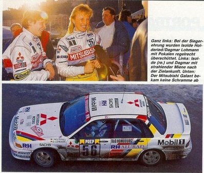 Isolde Holderied - Dagmar Lohmann
60º Rallye Automobile de Monte-Carlo 1992. Mitsubishi Galant VR-4 (GG-TP 7). Clasificada 19ª y 1ª en Copa de Damas.

Del 23 al 29 de Enero, Monte-Carlo.
Superficie: asfalto / nieve / hielo.

El Rally tenia un total de 3339.82 km de los que 606.08 km km divididos en 26 tramos eran especiales, (1 de ellas fue cancelada SS23 Col de Turini 3 de 22,21 Km).

Tomaron la salida 141 equipos, finalizaron 76.@
Palabras clave: Isolde_Holderied;Mitsubishi;Galant;Montecarlo;1992;Mujeres;Womens;personajes