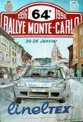 62º Rallye Automobile de Monte-Carlo 1996
Del 20 al 25 de Enero, Monaco.
Superficie: asfalto - nieve.

El Rally tenia un total de 2569.00 km de los que 529.85 km divididos en 21 tramos eran especiales (2 de ellos fueron cancelados SS14 Les Quatres Chemins 1 y SS20 Les Quatres Chemins 2 de 33.50 km cada uno).

Tomaron la salida 150 equipos, finalizaron 99.
Palabras clave: Montecarlo;1996;detalles