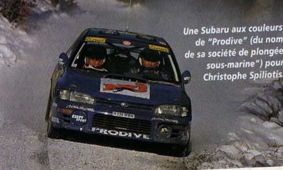 Christophe Spiliotis - Colette Neri
66º Rallye Automobile de Monte-Carlo 1998. Subaru Impreza 555 (M 226 WBW). Clasificado 13º.

Del 19 al 21 de Enero, Monte-Carlo.
Superficie: asfalto - nieve.

El Rally tenia un total de 1454.53 km de los que 359.19 km divididos en 18 tramos eran especiales.

Tomaron la salida 106 equipos, finalizaron 60.@
Palabras clave: Subaru;Impreza;Montecarlo;1998;nieve