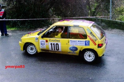 Daniel Elena - Olivier Campana
66º Rallye Automobile de Monte-Carlo 1998. Peugeot 106 Rallye (8886). Clasificado 36º.

Del 19 al 21 de Enero, Monte-Carlo .
Superficie: asfalto - nieve.

El Rally tenia un total de 1454.53 km de los que 359.19 km divididos en 18 tramos eran especiales.

Tomaron la salida 106 equipos, finalizaron 60.@
Palabras clave: ;Peugeot;Montecarlo;1998