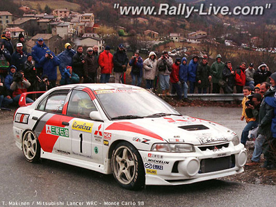 Tommi Mäkinen - Risto Mannisenmäki
66º Rallye Automobile de Monte-Carlo 1998. Mitsubishi Lancer Evo IV (P22 MRE). Abandonó por accidente en SS7 Bayons de 22.55 km.

Del 19 al 21 de Enero, Monte-Carlo .
Superficie: asfalto - nieve.

El Rally tenia un total de 1454.53 km de los que 359.19 km divididos en 18 tramos eran especiales.

Tomaron la salida 106 equipos, finalizaron 60.@
Palabras clave: Mitsubishi;Carisma;Montecarlo;1998