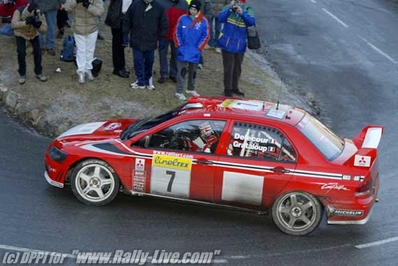 François Delecour - Daniel Grataloup
70º Rallye Automobile de Monte-Carlo 2002. Mitsubishi Lancer WRC (KP51 RWO). Clasificado 9º.

Del 18 al 20 de Enero, Monaco.
Superficie: asfalto - nieve.

El Rally tenia un total de 1424.55 km km de los que 396.78 km divididos en 15 tramos eran especiales, (una de ellas fue cancelada SS2 Sisteron - Thoard 1 de 36.73 Km).

Se inscribieron 55 equipos, tomaron la salida 54, finalizaron 26.@
Palabras clave: ;Mitsubishi;Lancer;Montecarlo;2002