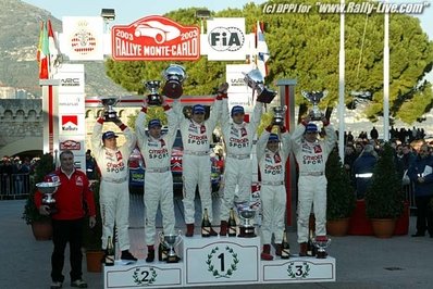 71º Rallye Automobile de Monte-Carlo 2003
Triplete Equipo Citröen Total con el Citröen Xsara WRC

1º Sébastien Loeb - Daniel Elena, 4:29.11,4

2º Colin McRae - Derek Ringer, 4:29.49,5

3º Carlos Sainz - Marc Martí­, 4:30.03,6

Del 24 al 26 de Enero, Monaco.
Superficie: asfalto - nieve.

El Rally tenia un total de 1357.92 km de los que 415.02 km divididos en 14 tramos eran especiales.

Tomaron la salida 50 equipos, finalizaron 29.@
Palabras clave: Citroen;Xsara;WRC;Montecarlo;2003;personajes