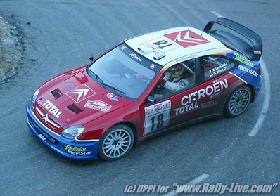 Sébastien Loeb - Daniel Elena
71º Rallye Automobile de Monte-Carlo 2003. Citroën Xsara WRC (32 CSP 92). Clasificado 1º.

Del 24 al 26 de Enero, Monaco.
Superficie: asfalto - nieve.

El Rally tenia un total de 1357.92 km de los que 415.02 km divididos en 14 tramos eran especiales.

Tomaron la salida 50 equipos, finalizaron 29.@
Palabras clave: Sebastien_Loeb;Citroen;Xsara;WRC;2003;Montecarlo
