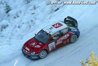 Sébastien Loeb - Daniel Elena
71º Rallye Automobile de Monte-Carlo 2003. Citroën Xsara WRC (32 CSP 92). Clasificado 1º.

Del 24 al 26 de Enero, Monaco.
Superficie: asfalto - nieve.

El Rally tenia un total de 1357.92 km de los que 415.02 km divididos en 14 tramos eran especiales.

Tomaron la salida 50 equipos, finalizaron 29.@
Palabras clave: Sebastien_Loeb;Citroen;Xsara;WRC;2003;Montecarlo;nieve