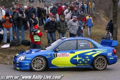 Petter Solberg - Phil Mills
72º Rallye Automobile de Monte-Carlo 2004. Subaru Impreza S9 WRC 03 (S 400 WRT). Clasificado 7º.

Del 23 al 25 de Enero, Monaco.
Superficie: asfalto.

El Rally tenia un total de 1,331.92 Km de los que 389.12 Km divididos en 15 tramos, eran especiales (2 de ellos fueron cancelados SS1 Selonnet - Breziers 1 de 22.64 Km y SS10 Tourette du Chateau - St Antonin 2 de 24.80 Km. Uno de ellos se dio con tiempo de tramo teórico a todos los equipos, SS8 Tourette du Chateau - St Antonin 1 de 24.80 Km).

Se inscribieron 45 equipos, tomaron la salida 43, finalizaron 20.@
Palabras clave: Petter_Solberg;Phil_Mills;Subaru;Impreza;WRC;Montecarlo;2004