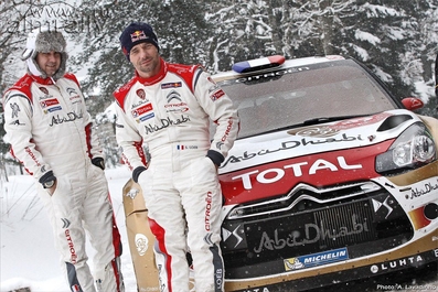 Sébastien Loeb - Daniel Elena
81º Rallye Automobile de Monte-Carlo 2013. Citröen DS3 WRC. Clasificado 1º.

Del 15 al 20 de Enero, Valence.
Superficie: asfalto - nieve.

El Rallye tenia un total de 1778.81 Km de los que 468.42 Km divididos en 18 tramos eran especiales (2 de ellos fueron cancelados por exceso de nieve, SS17 Moulinet - La Bollene Vesubie 3 de 23.54 Km y SS18 Lantosque - Luceram 2 de 18.95 Km).

Tomaron la salida 73 equipos, finalizaron 45.@
Palabras clave: Sebastien_Loeb;Citroen;DS3;WRC;Montecarlo;2013;Personajes