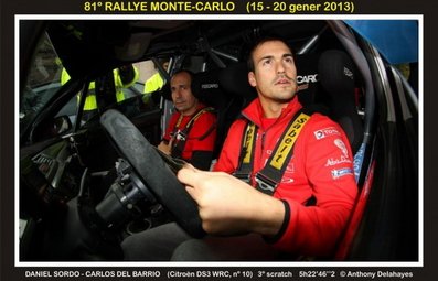 Dani Sordo Castillo - Carlos Del Barrio Corral
81º Rallye Automobile de Monte-Carlo 2013. Citröen DS3 WRC. Clasificado 3º.

Del 15 al 20 de Enero, Valence.
Superficie: asfalto - nieve.

El Rallye tenia un total de 1778.81 Km de los que 468.42 Km divididos en 18 tramos eran especiales (2 de ellos fueron cancelados por exceso de nieve, SS17 Moulinet - La Bollene Vesubie 3 de 23.54 Km y SS18 Lantosque - Luceram 2 de 18.95 Km).

Tomaron la salida 73 equipos, finalizaron 45.@
Palabras clave: Dani_Sordo;Citroen;DS3;WRC;Montecarlo;2013;personajes