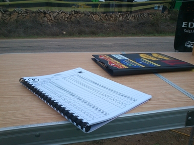 48º RallyRACC Catalunya-Costa Daurada 2012
SS18 La Serra d'Almos de 4,11 Km.

Los Remers
La libreta donde se apuntan todos los dorsales que toman la salida.
Se informa por radio para que los demás remers también lo apunten y a medida que pasan los equipos por delante de los demás remers que hay en todo el trazado del tramo, éstos tachan el número, haciendo lo mismo cuando llegan a final de tramo.

Tanto las salidas como las llegadas se cantan todas por radio.
Los remers que hay en el trazado del tramo solo hablan cuando hay algun percance o no se ha entendido algun dorsal ya sea salido o llegado.

De ésta manera es como se mira de controlar que todos lleguen a final de tramo y si alguno se queda, hay que mirar entre que dos remers se ha quedado e irlos a buscar para informar de estado de pilotos y si el coche molesta para seguir con la carrera.
Palabras clave: detalles;Catalunya;2012