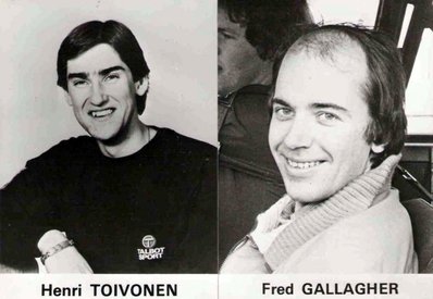 Henri Toivonen y Fred Gallagher
Piloto y copiloto de 1980 a 1983.
Coches:
Talbot Sunbeam Lotus, Opel Ascona 400 y Opel Manta 400.
Palabras clave: personajes;Henri_Toivonen;Fred_Gallagher