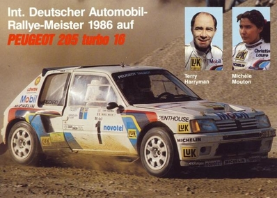 Michèle Mouton - Terry Harryman
Peugeot 205 T16.
En 1986, consigue tà­tulo de Campeona de Alemania conduciendo para Peugeot, y tras el anuncio de la prohibiciòn de los automòviles del Grupo B, Mouton decidiò poner fin a su carrera deportiva, para dedicarse a la vida familiar.
Palabras clave: Peugeot;Turbo;detalles;Grupo_B;1986